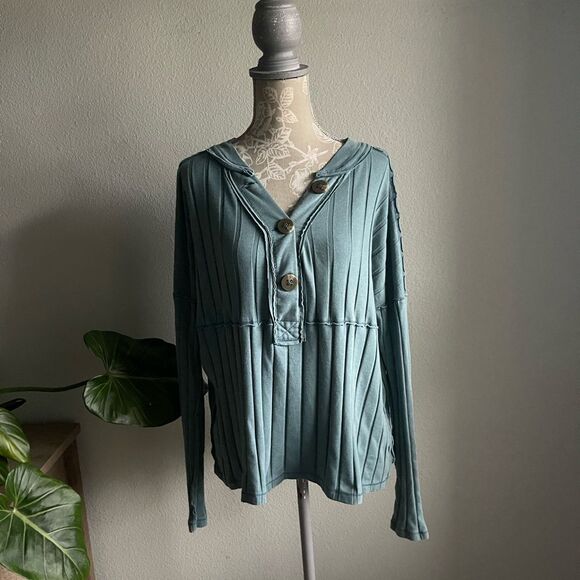Free People In The Mix Ribbed Henley Top in Ocean Blue - Picture 5 of 12